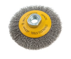 Щетка для УШМ, 100 мм, "Тарелка", витая нержавеющая проволока 0.3 мм, М14 Denzel