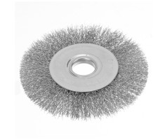 Щетка для УШМ, 125 мм, "Плоская", витая нержавеющая проволока 0.3 мм, посадка 22.2 мм Denzel