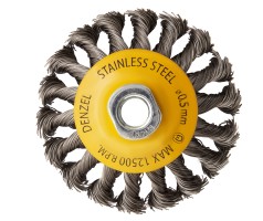 Щетка для УШМ, 100 мм, "Тарелка", крученая нержавеющая проволока 0.5 мм, М14 Denzel