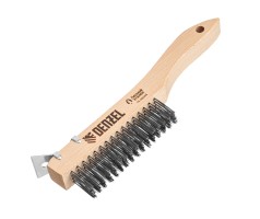 Щетка зачистная 4-х рядная, проволока из нержавеющей стали с деревянной ручкой скребок, EFP// Denzel
