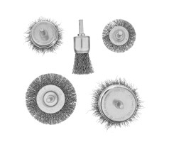 Набор щеток для дрели, 2 Плоские 50-75мм, 3 Чашки 25-50-75мм, шпилька,  нерж.вит. проволока Denzel